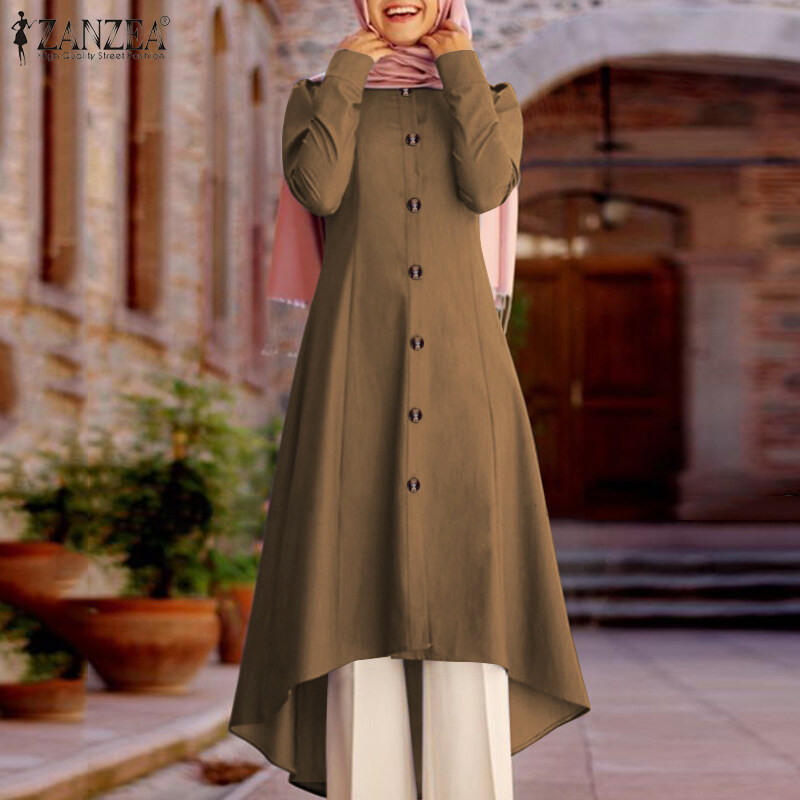 ZANZEA Women Muslim Dubai Evening Long Tops Button Down Solid Tunic Shirt Blouse