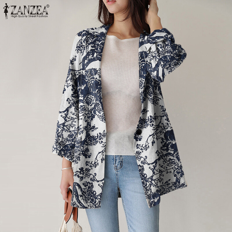 ZANZEA Women Spring Business Long Sleeve Buttons Down Suit Print Loose Coats Blazer