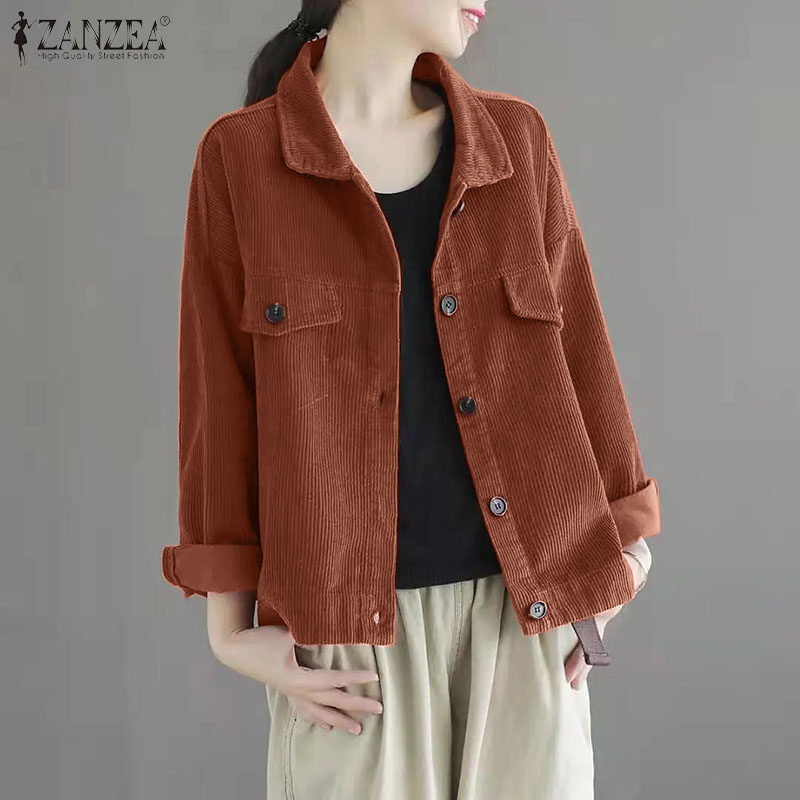 ZANZEA Womens Vintage Corduroy Solid Jackets Versatile Casual Holiday Thremal Overcoat #8